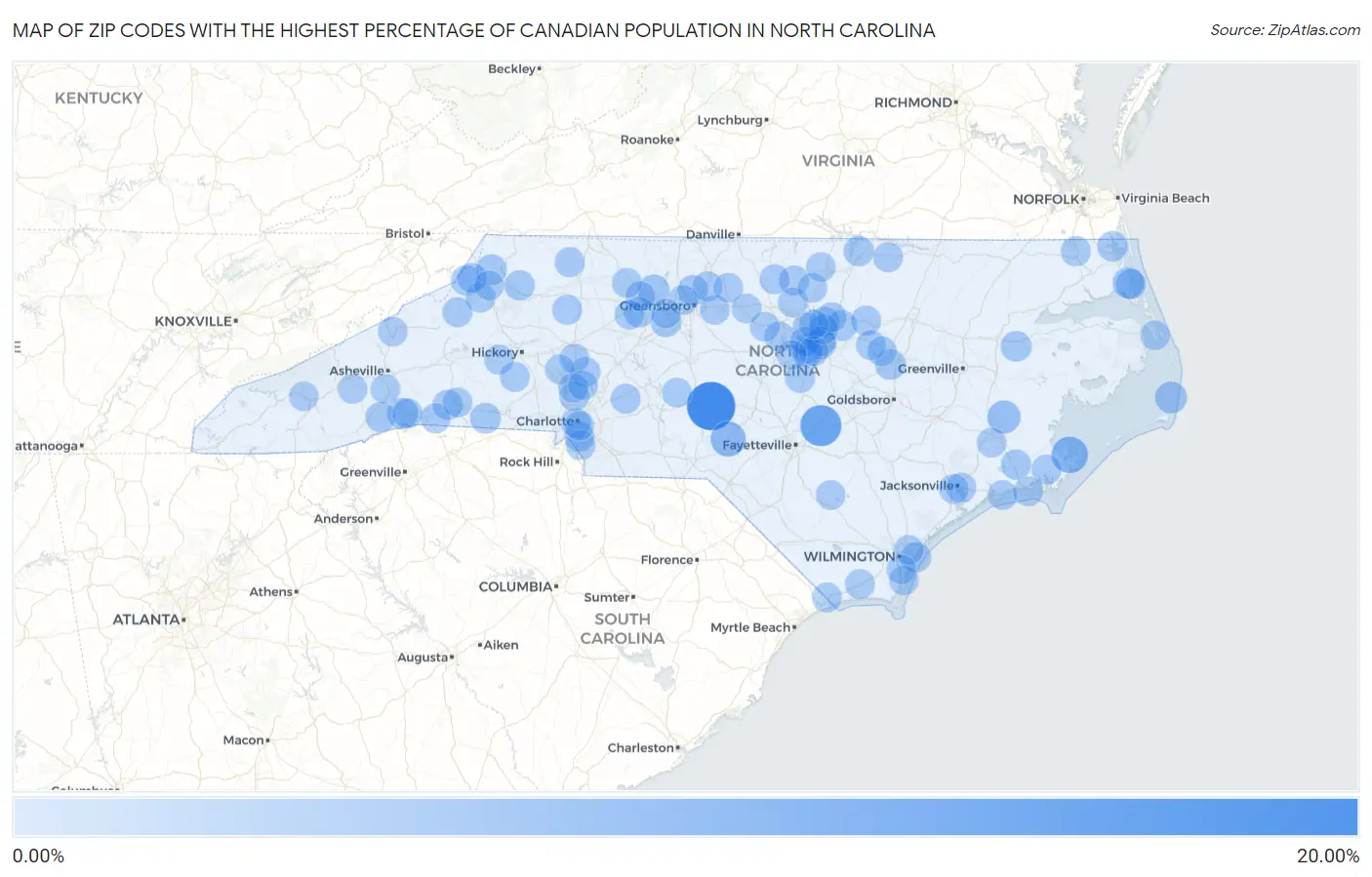 Zip Codes with the Highest Percentage of Canadian Population in North Carolina Map