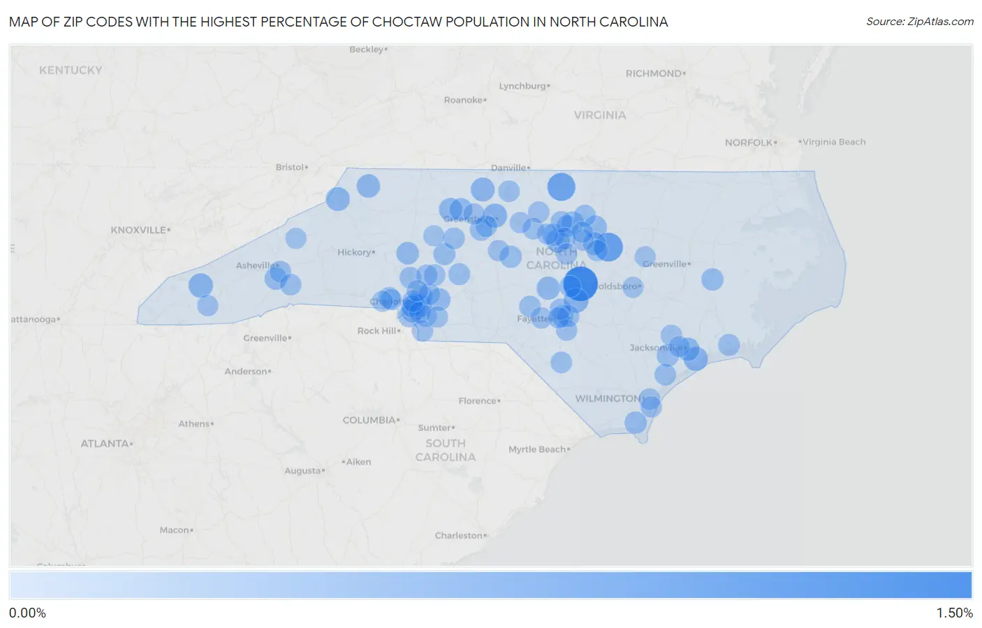 Zip Codes with the Highest Percentage of Choctaw Population in North Carolina Map