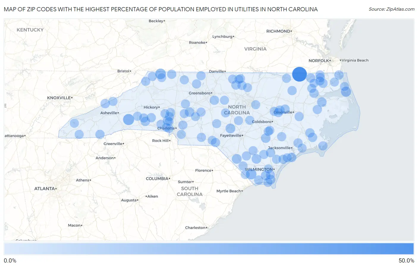 Zip Codes with the Highest Percentage of Population Employed in Utilities in North Carolina Map