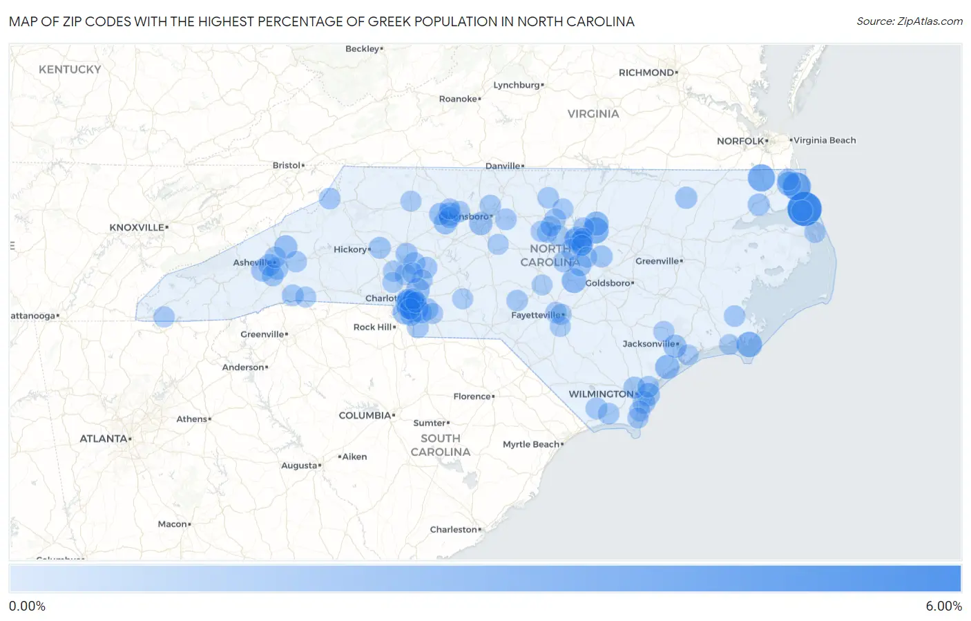 Zip Codes with the Highest Percentage of Greek Population in North Carolina Map