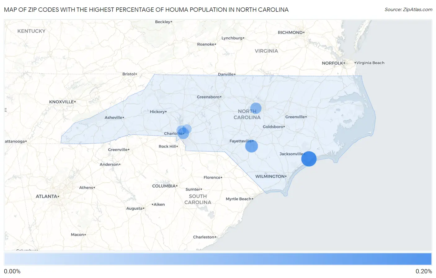 Zip Codes with the Highest Percentage of Houma Population in North Carolina Map