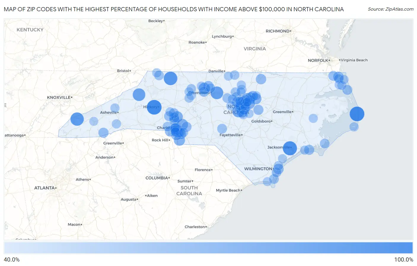 Zip Codes with the Highest Percentage of Households with Income Above $100,000 in North Carolina Map