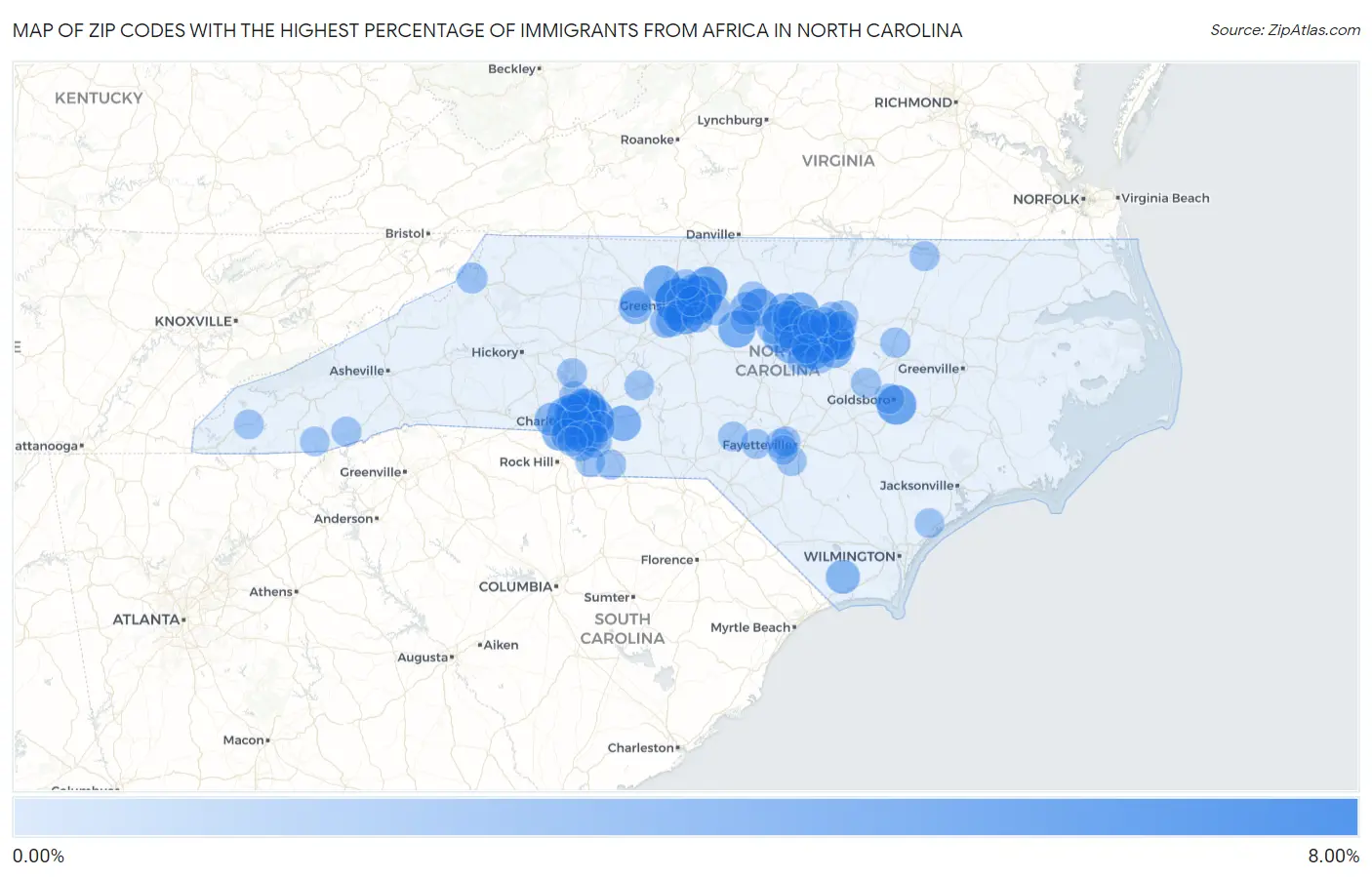 Zip Codes with the Highest Percentage of Immigrants from Africa in North Carolina Map