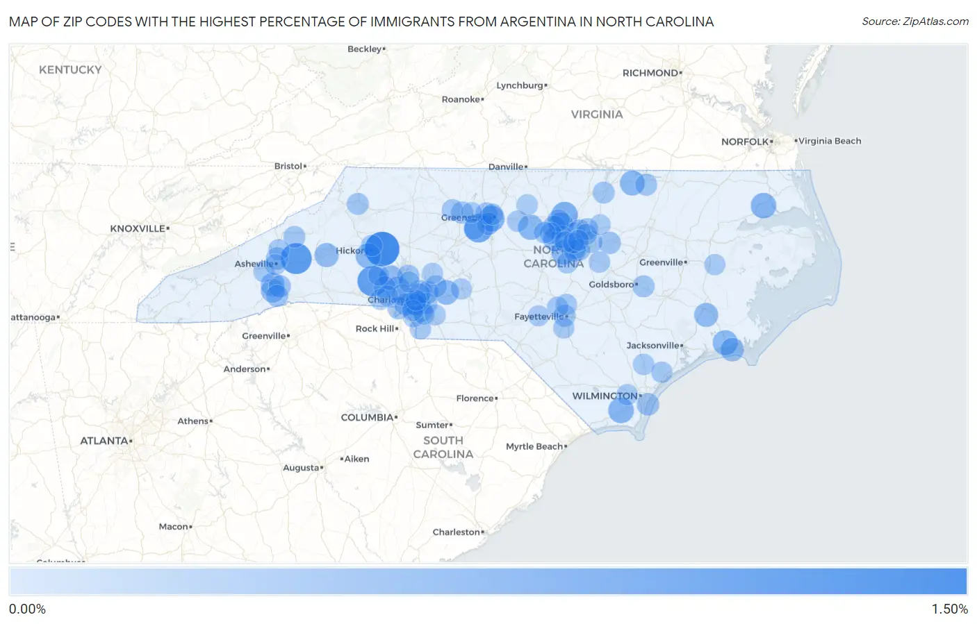 Zip Codes with the Highest Percentage of Immigrants from Argentina in North Carolina Map