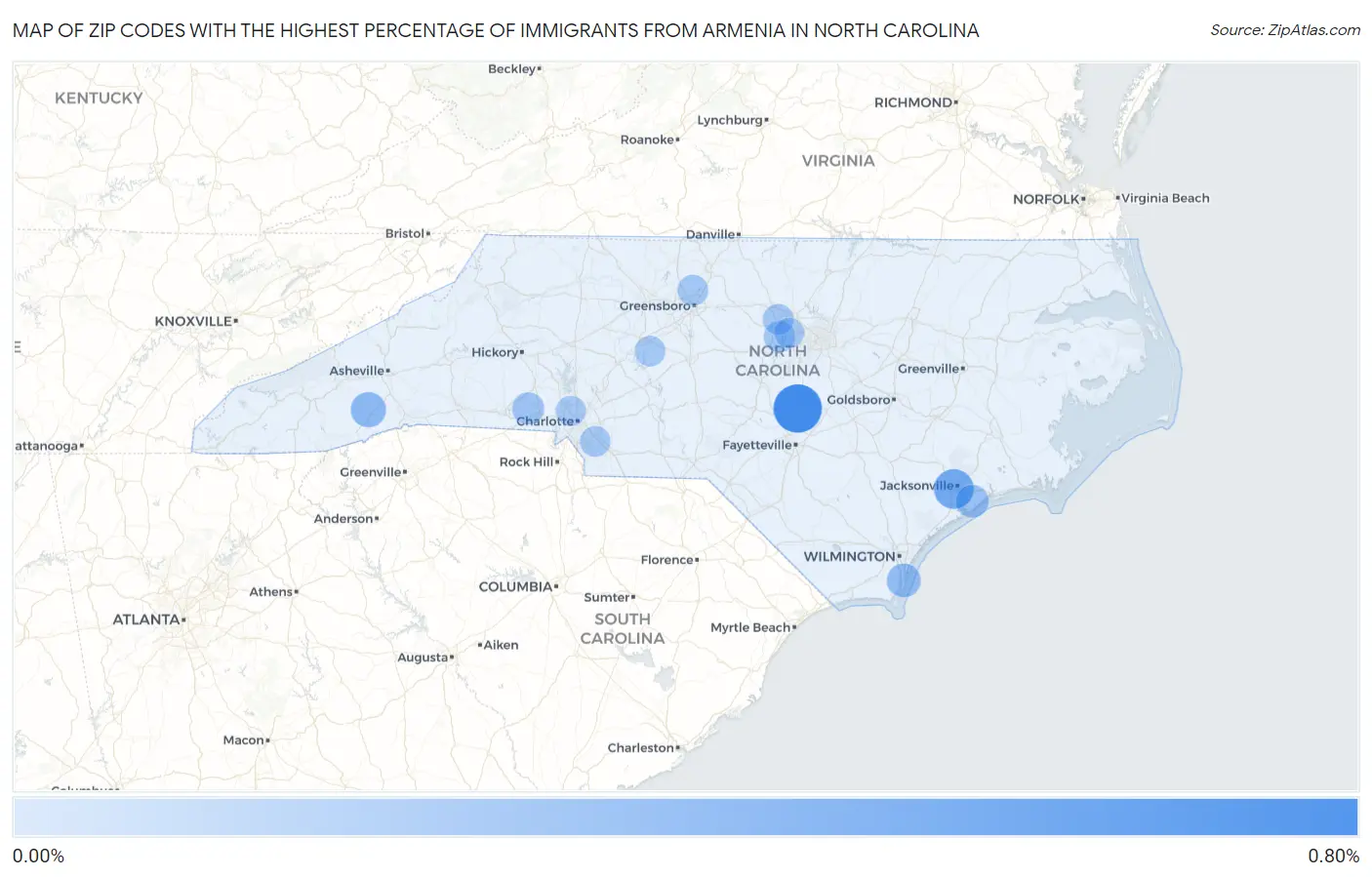 Zip Codes with the Highest Percentage of Immigrants from Armenia in North Carolina Map