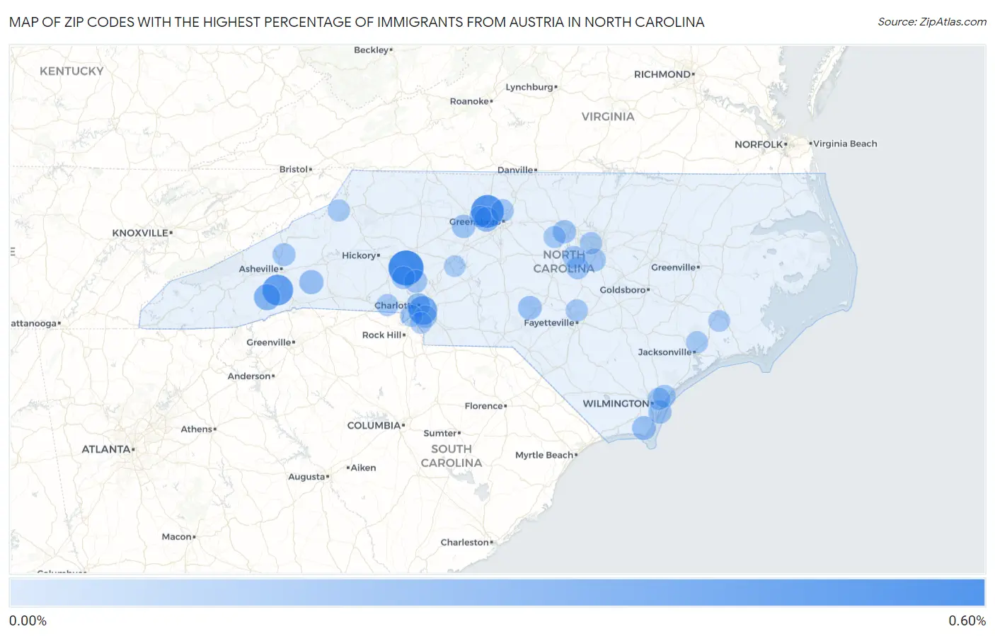 Zip Codes with the Highest Percentage of Immigrants from Austria in North Carolina Map