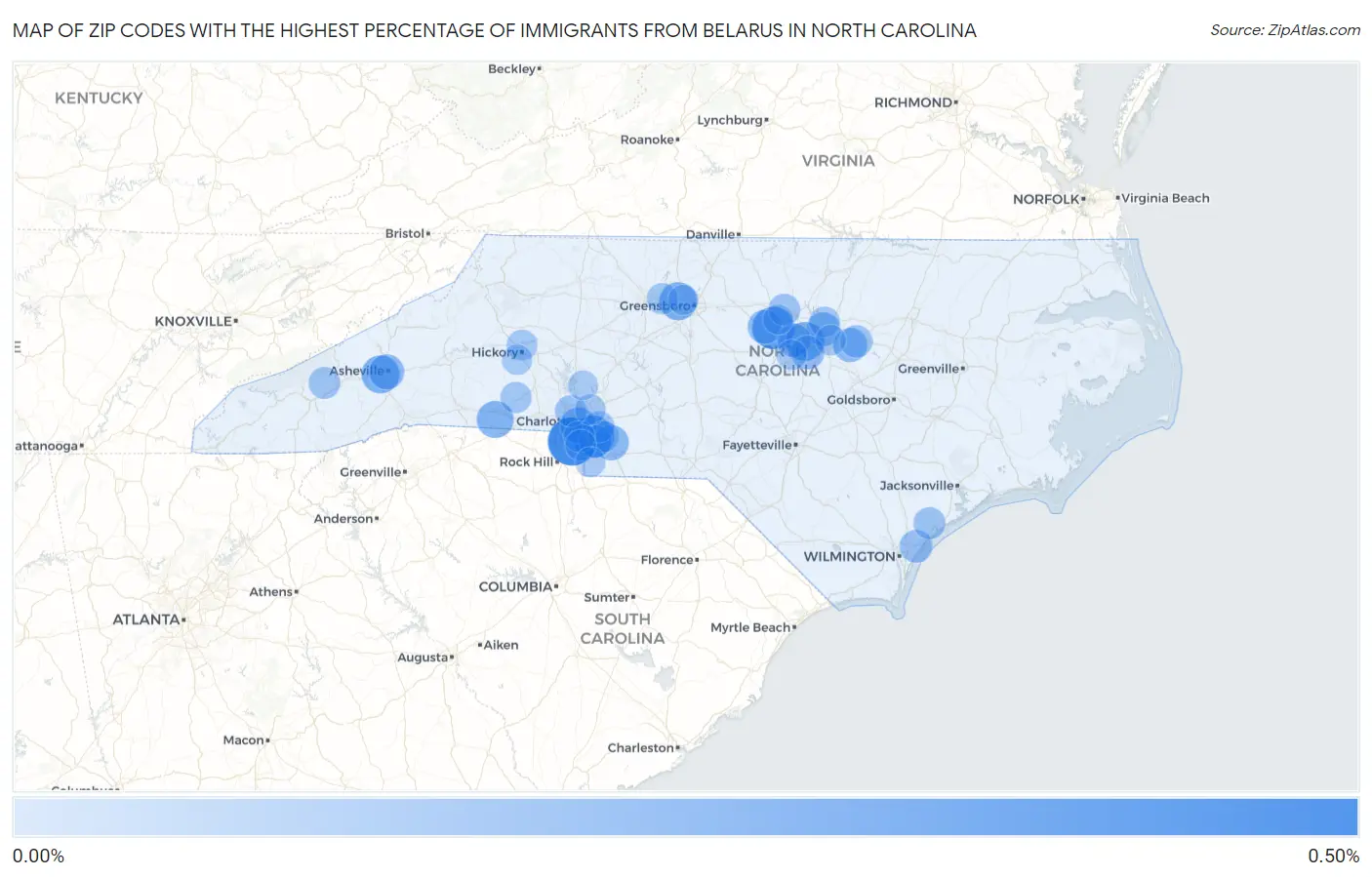 Zip Codes with the Highest Percentage of Immigrants from Belarus in North Carolina Map