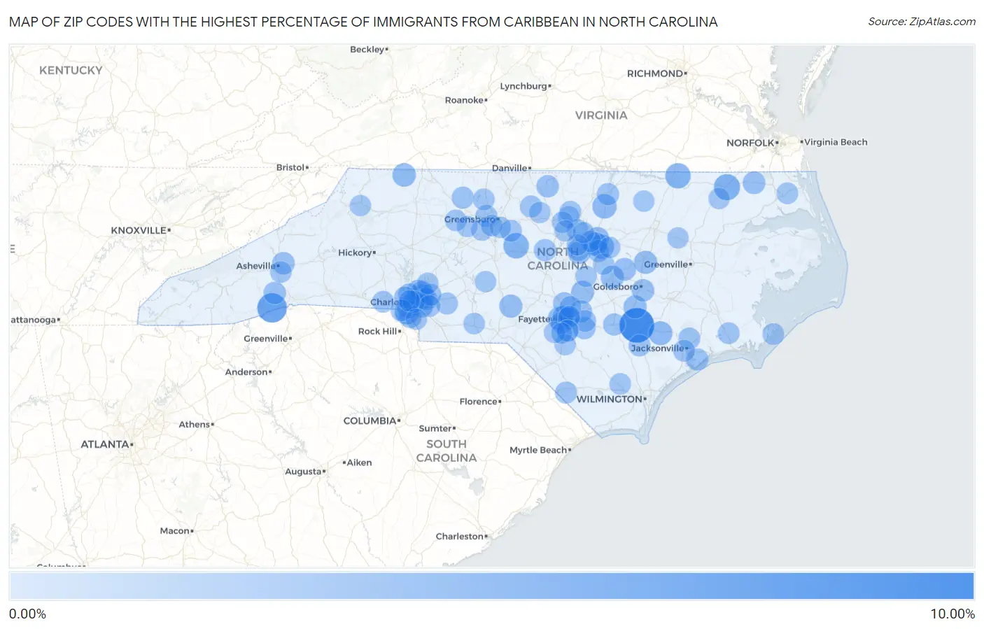 Zip Codes with the Highest Percentage of Immigrants from Caribbean in North Carolina Map