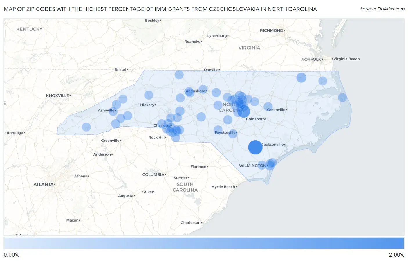 Zip Codes with the Highest Percentage of Immigrants from Czechoslovakia in North Carolina Map
