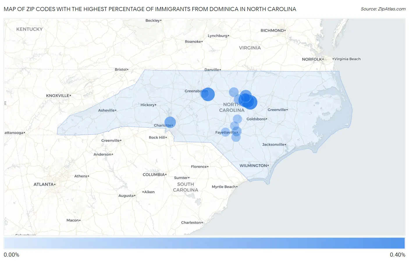 Zip Codes with the Highest Percentage of Immigrants from Dominica in North Carolina Map