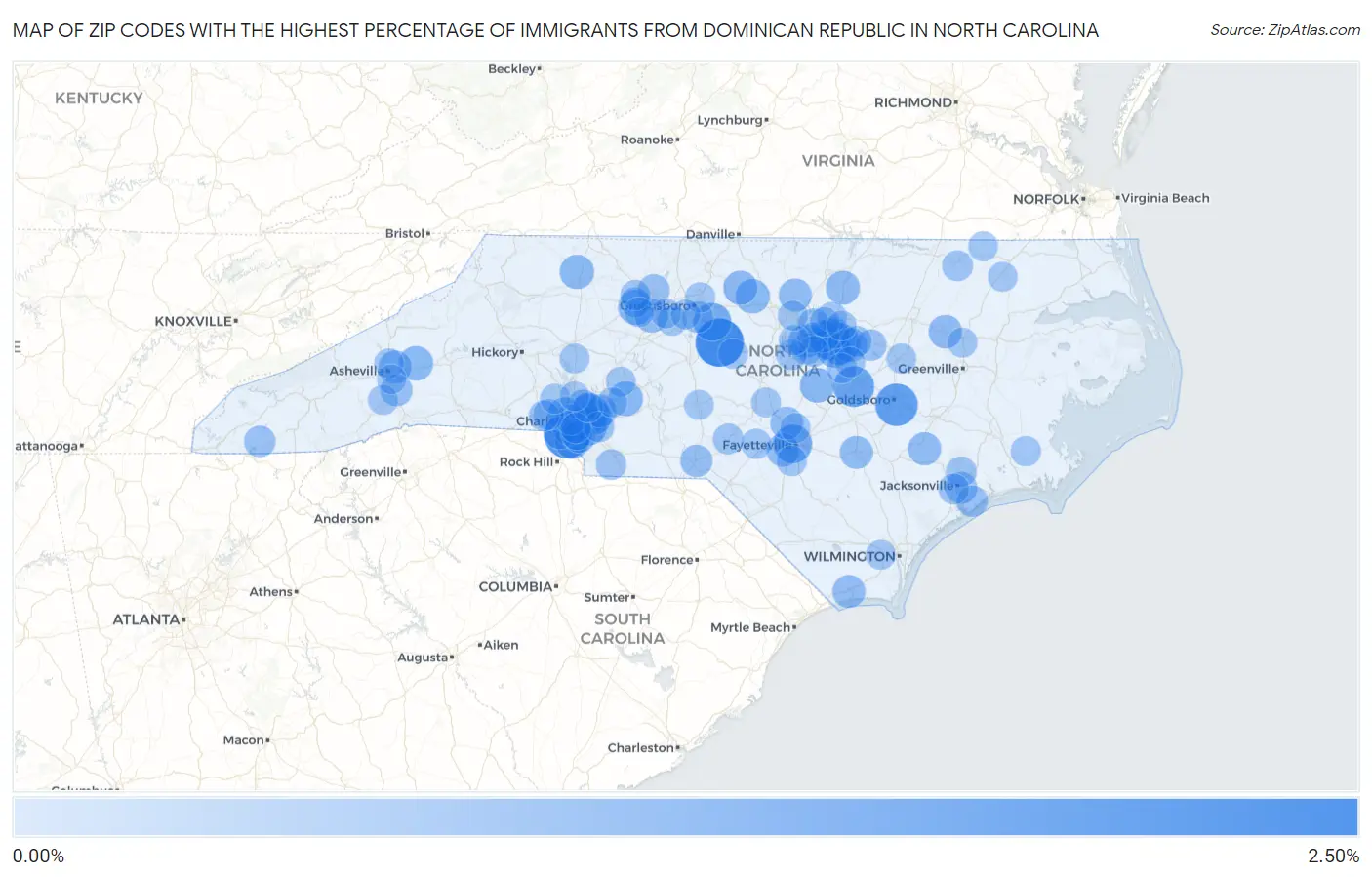 Zip Codes with the Highest Percentage of Immigrants from Dominican Republic in North Carolina Map