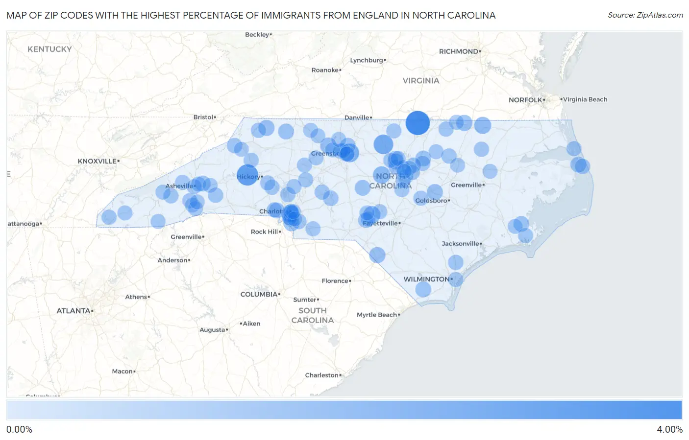 Zip Codes with the Highest Percentage of Immigrants from England in North Carolina Map