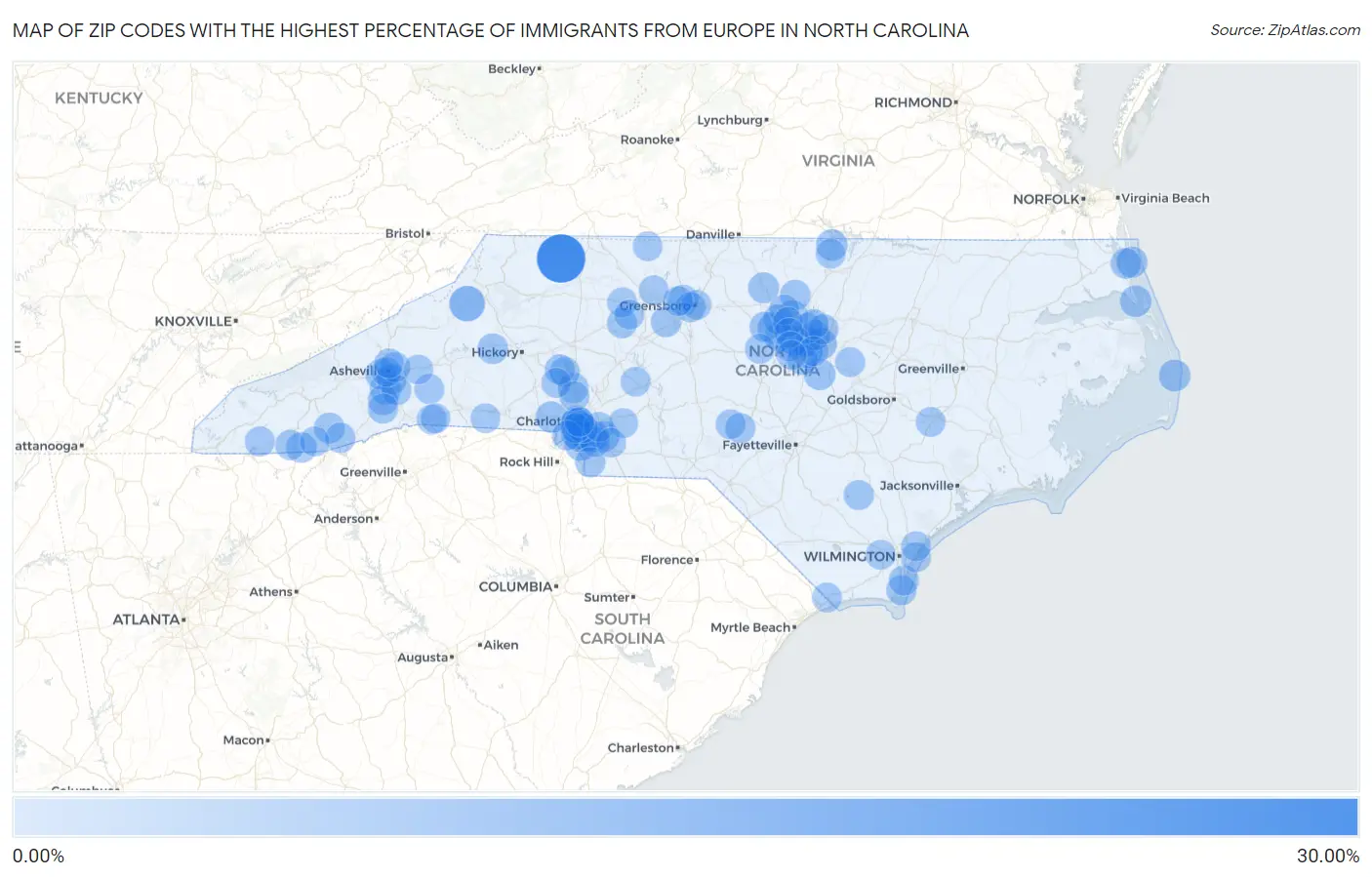 Zip Codes with the Highest Percentage of Immigrants from Europe in North Carolina Map