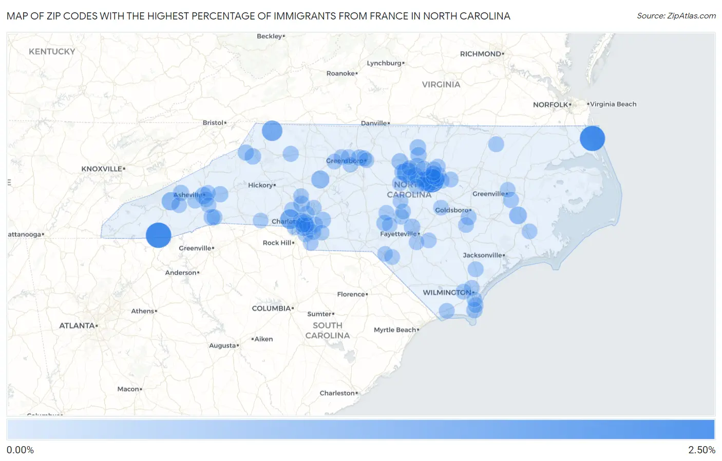 Zip Codes with the Highest Percentage of Immigrants from France in North Carolina Map