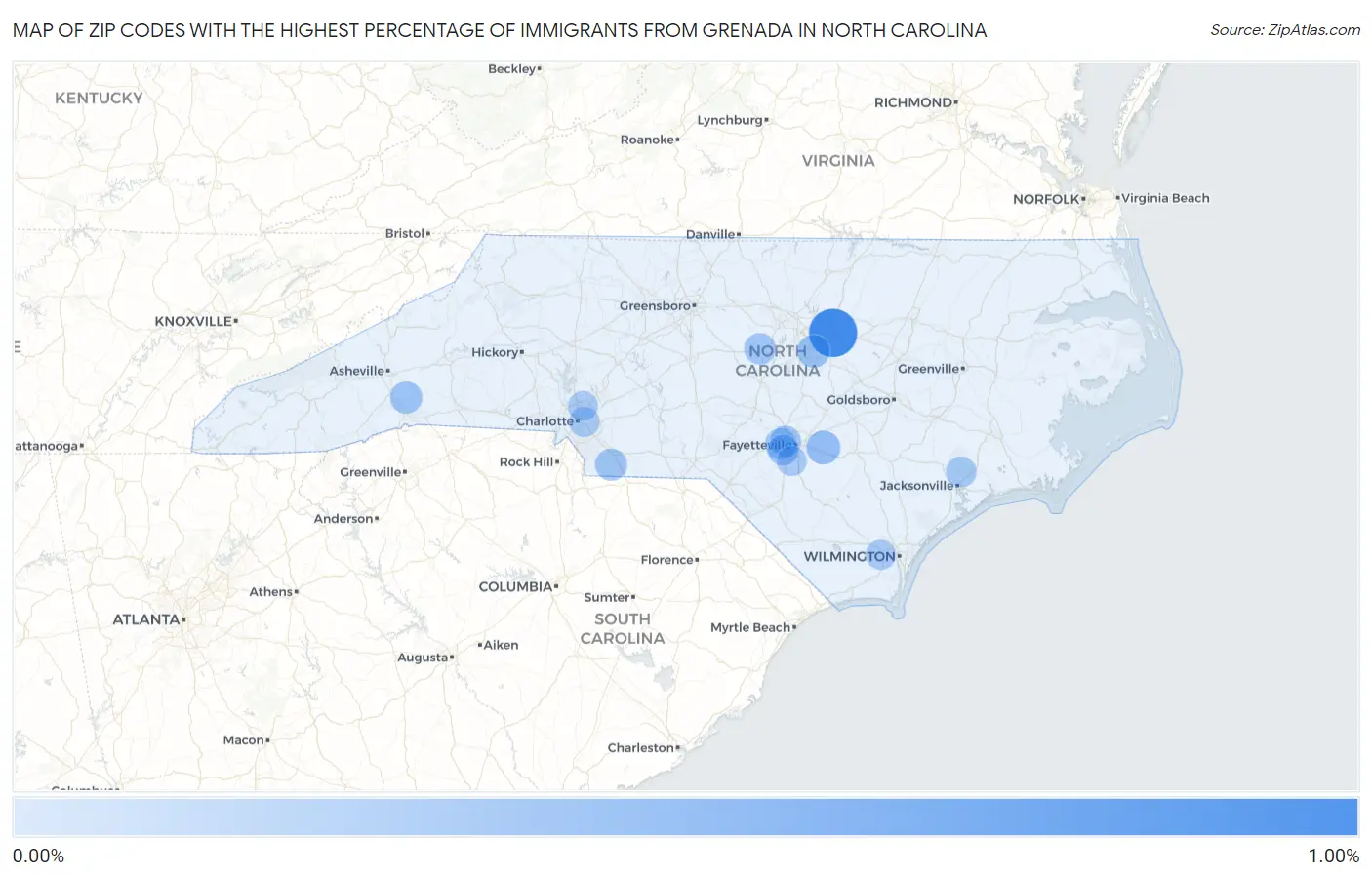 Zip Codes with the Highest Percentage of Immigrants from Grenada in North Carolina Map