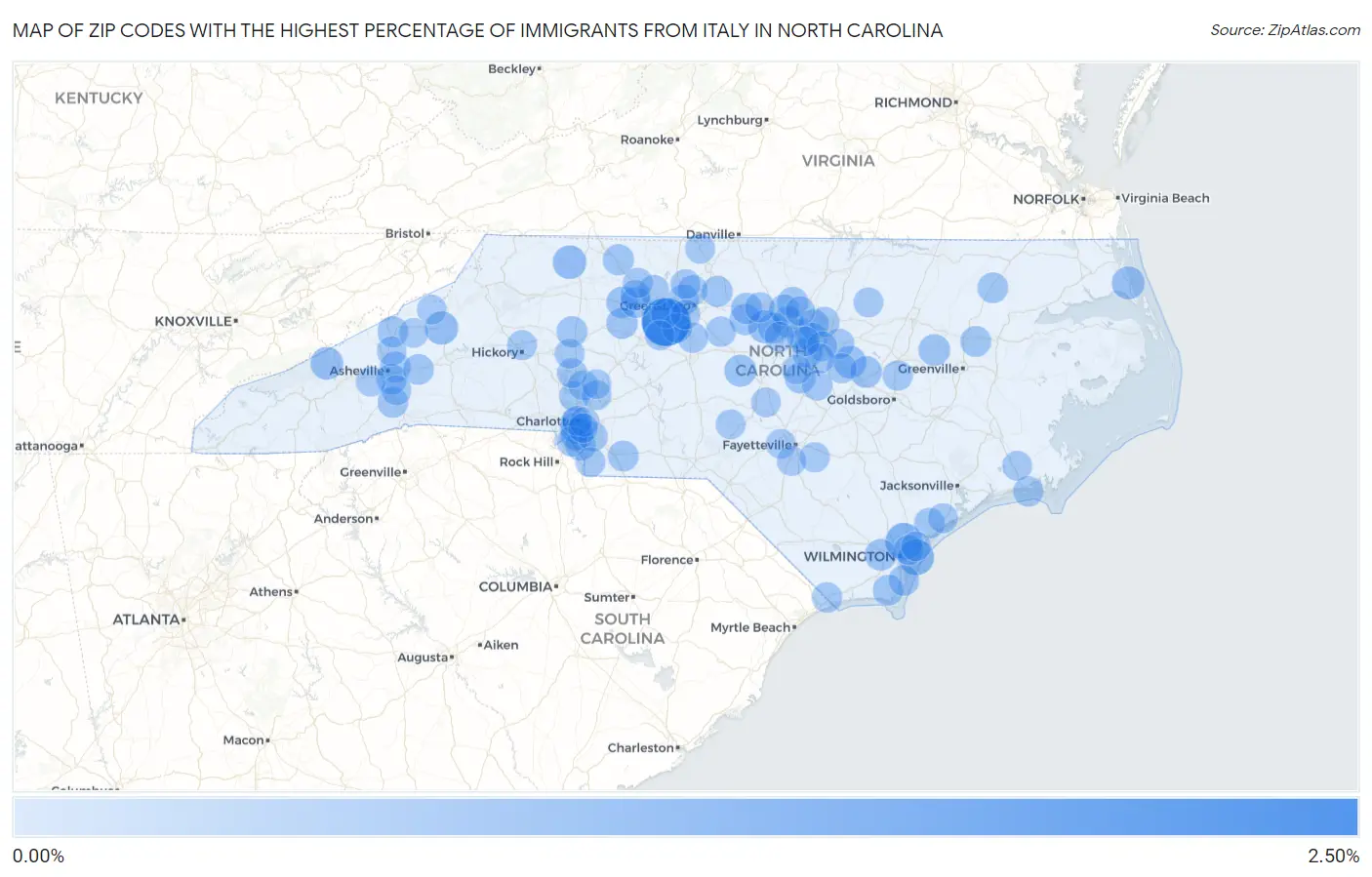 Zip Codes with the Highest Percentage of Immigrants from Italy in North Carolina Map