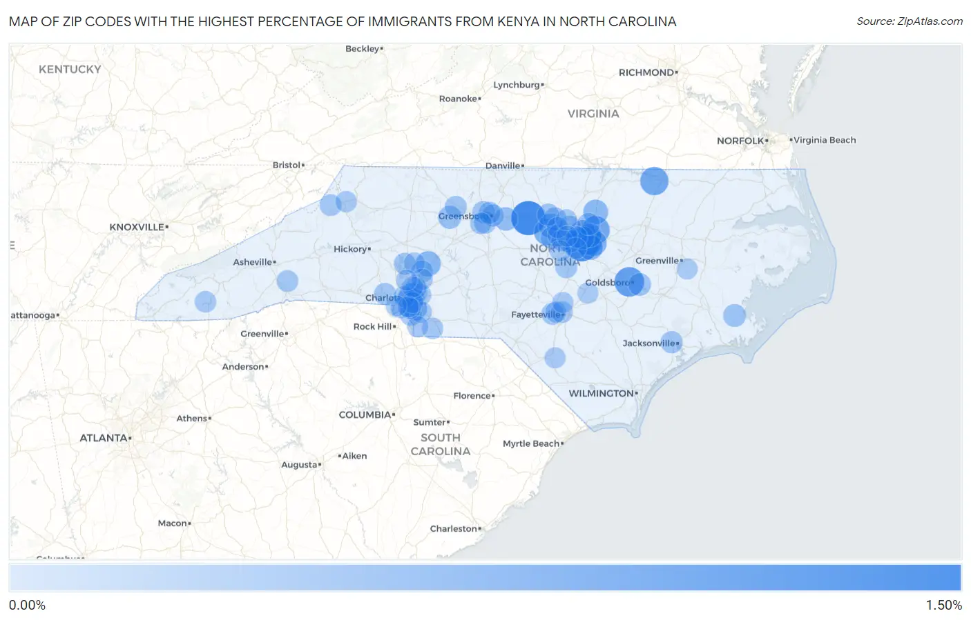Zip Codes with the Highest Percentage of Immigrants from Kenya in North Carolina Map