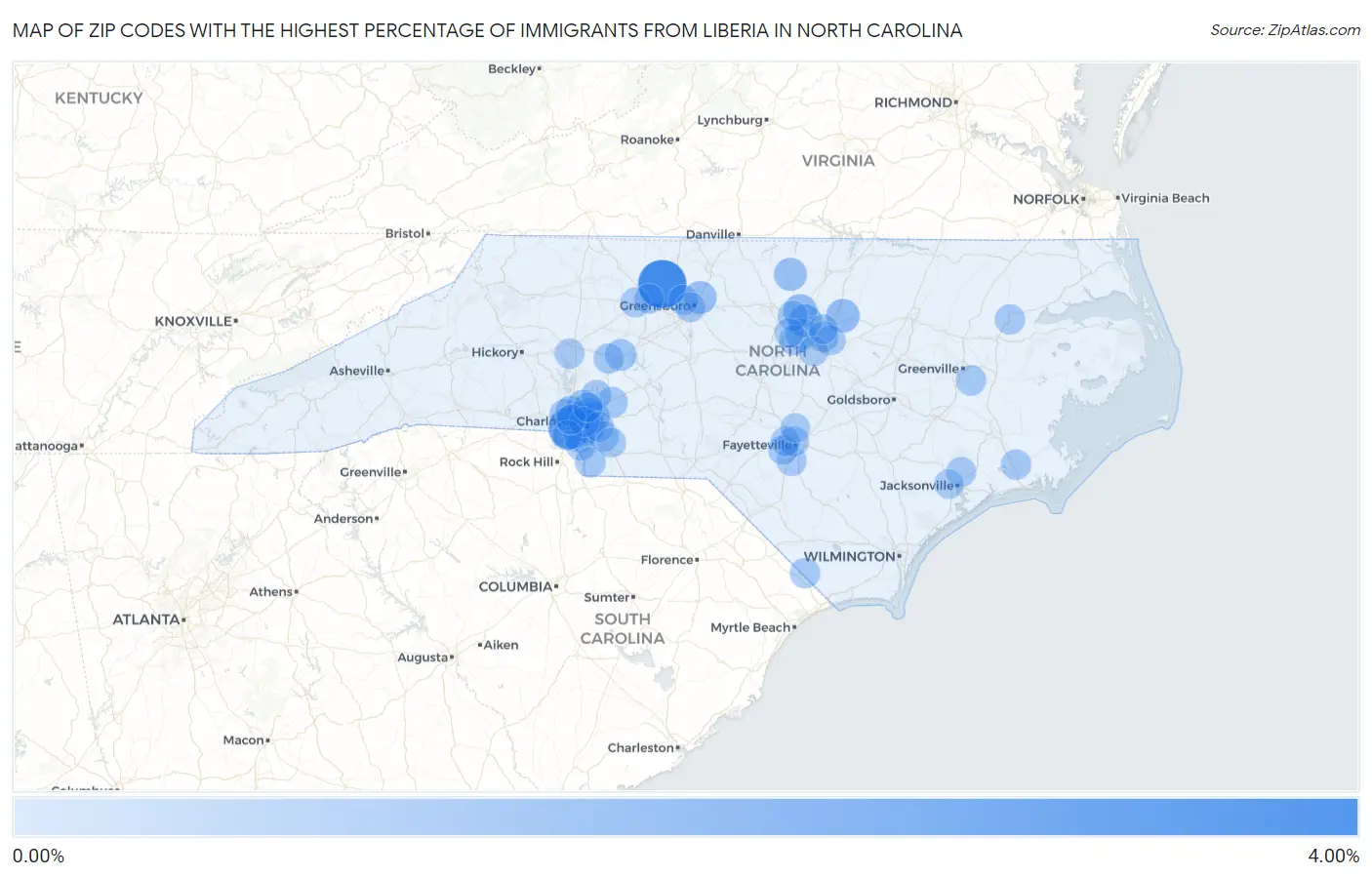 Zip Codes with the Highest Percentage of Immigrants from Liberia in North Carolina Map