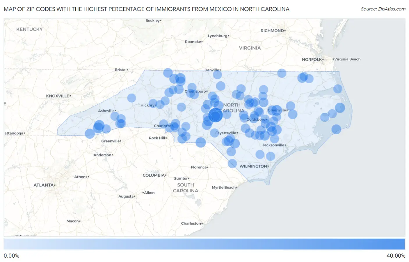 Zip Codes with the Highest Percentage of Immigrants from Mexico in North Carolina Map