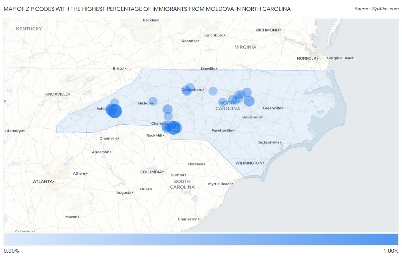 Zip Codes with the Highest Percentage of Immigrants from Moldova in North Carolina Map