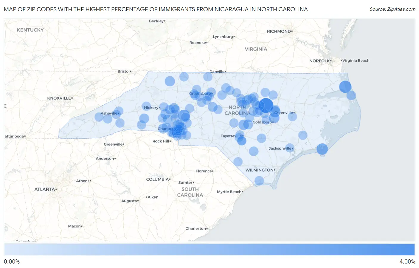 Zip Codes with the Highest Percentage of Immigrants from Nicaragua in North Carolina Map