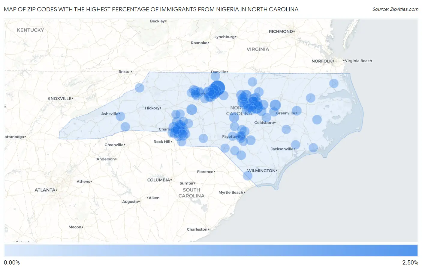 Zip Codes with the Highest Percentage of Immigrants from Nigeria in North Carolina Map