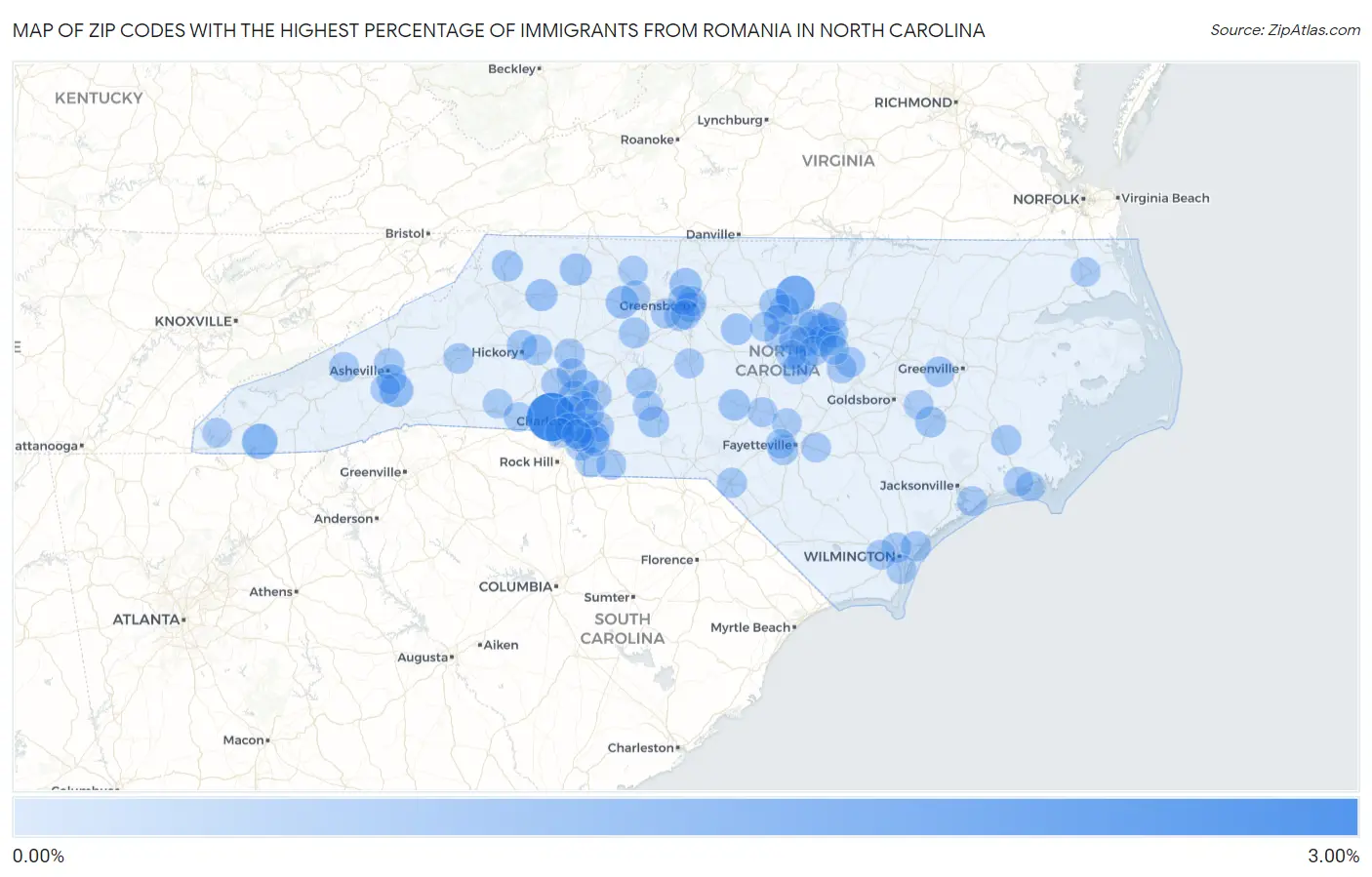 Zip Codes with the Highest Percentage of Immigrants from Romania in North Carolina Map