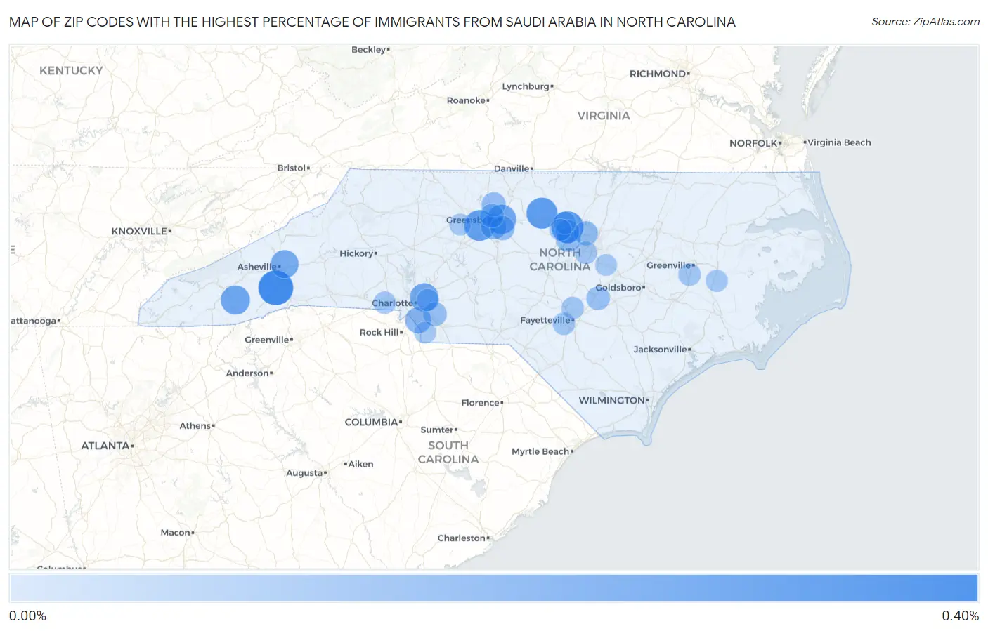 Zip Codes with the Highest Percentage of Immigrants from Saudi Arabia in North Carolina Map