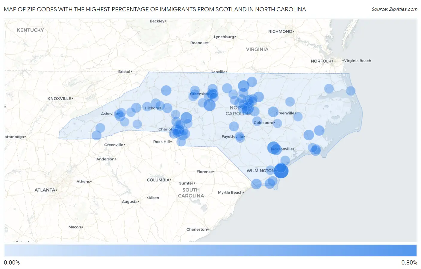 Zip Codes with the Highest Percentage of Immigrants from Scotland in North Carolina Map