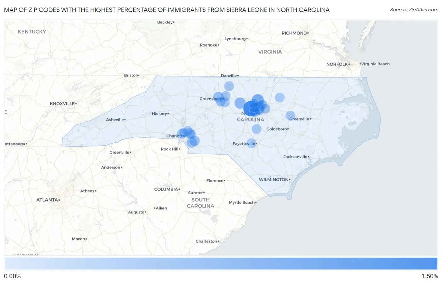 Zip Codes with the Highest Percentage of Immigrants from Sierra Leone in North Carolina Map