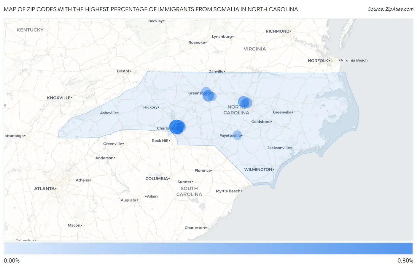Zip Codes with the Highest Percentage of Immigrants from Somalia in North Carolina Map