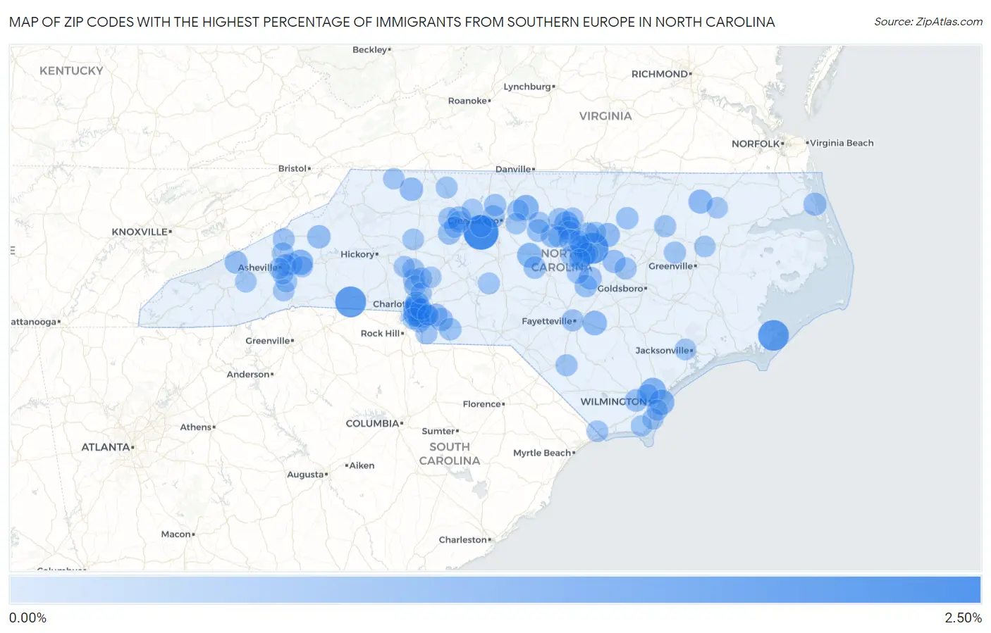 Zip Codes with the Highest Percentage of Immigrants from Southern Europe in North Carolina Map