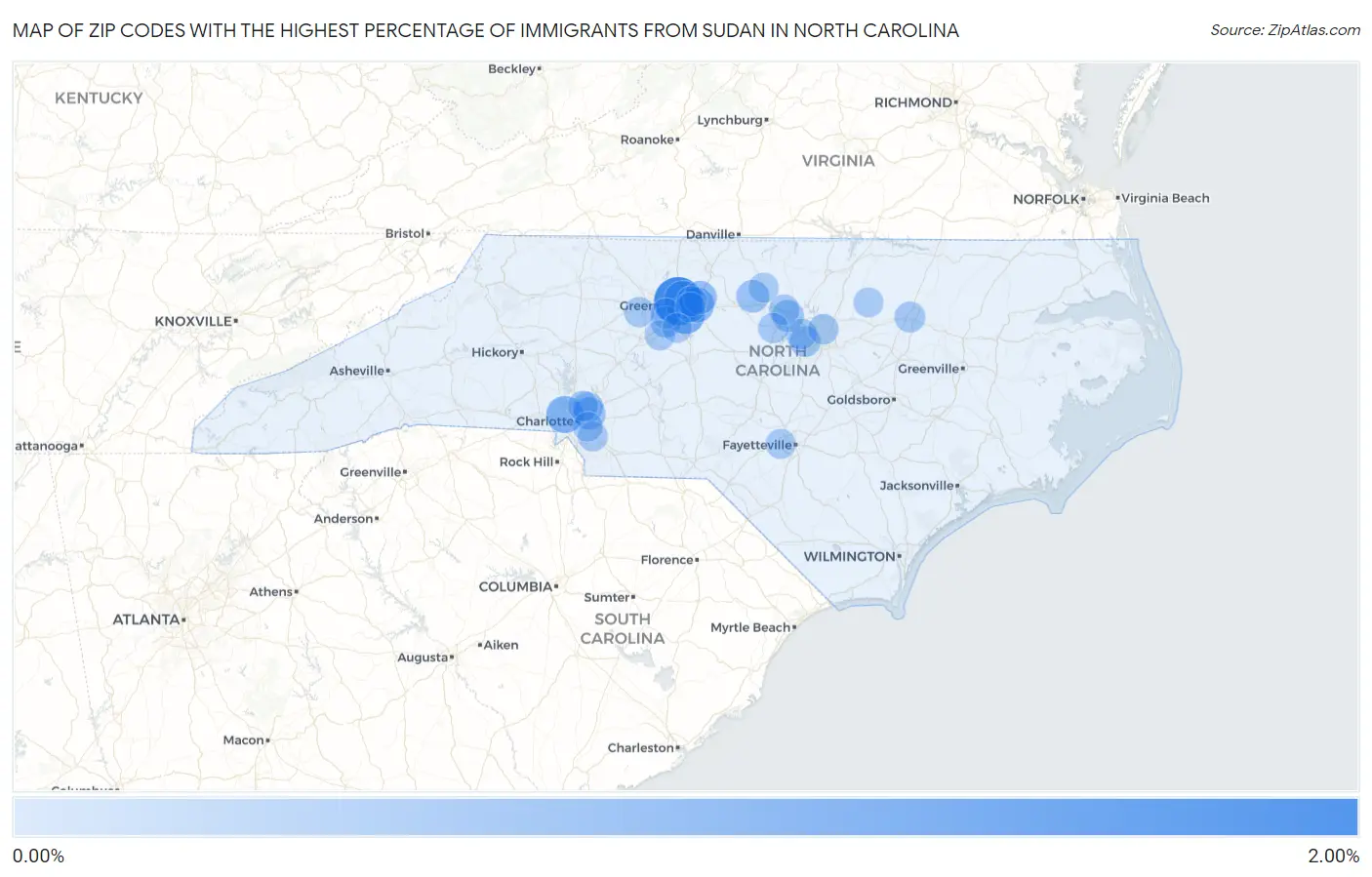 Zip Codes with the Highest Percentage of Immigrants from Sudan in North Carolina Map