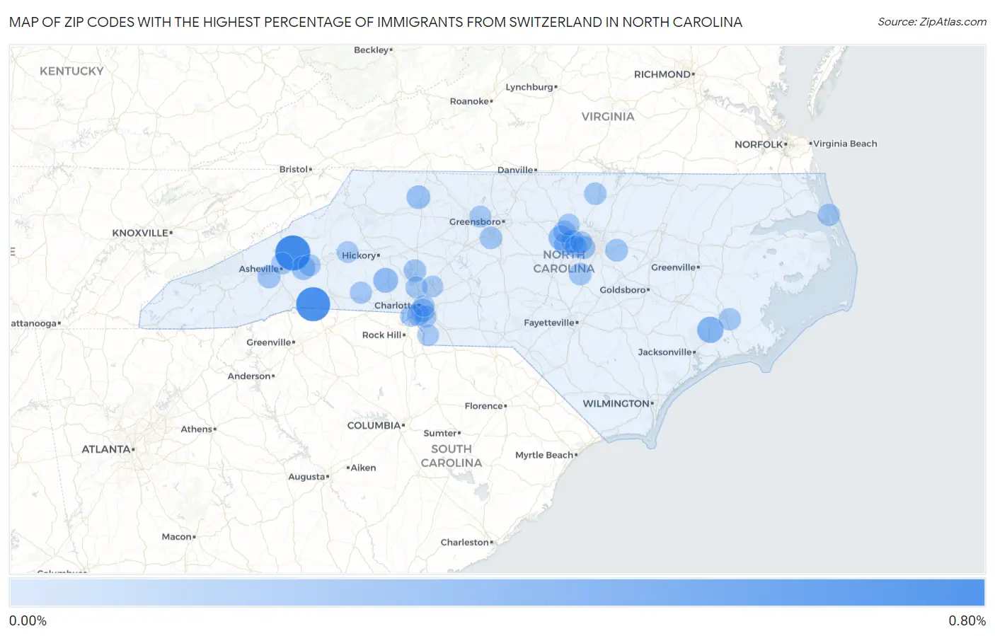 Zip Codes with the Highest Percentage of Immigrants from Switzerland in North Carolina Map