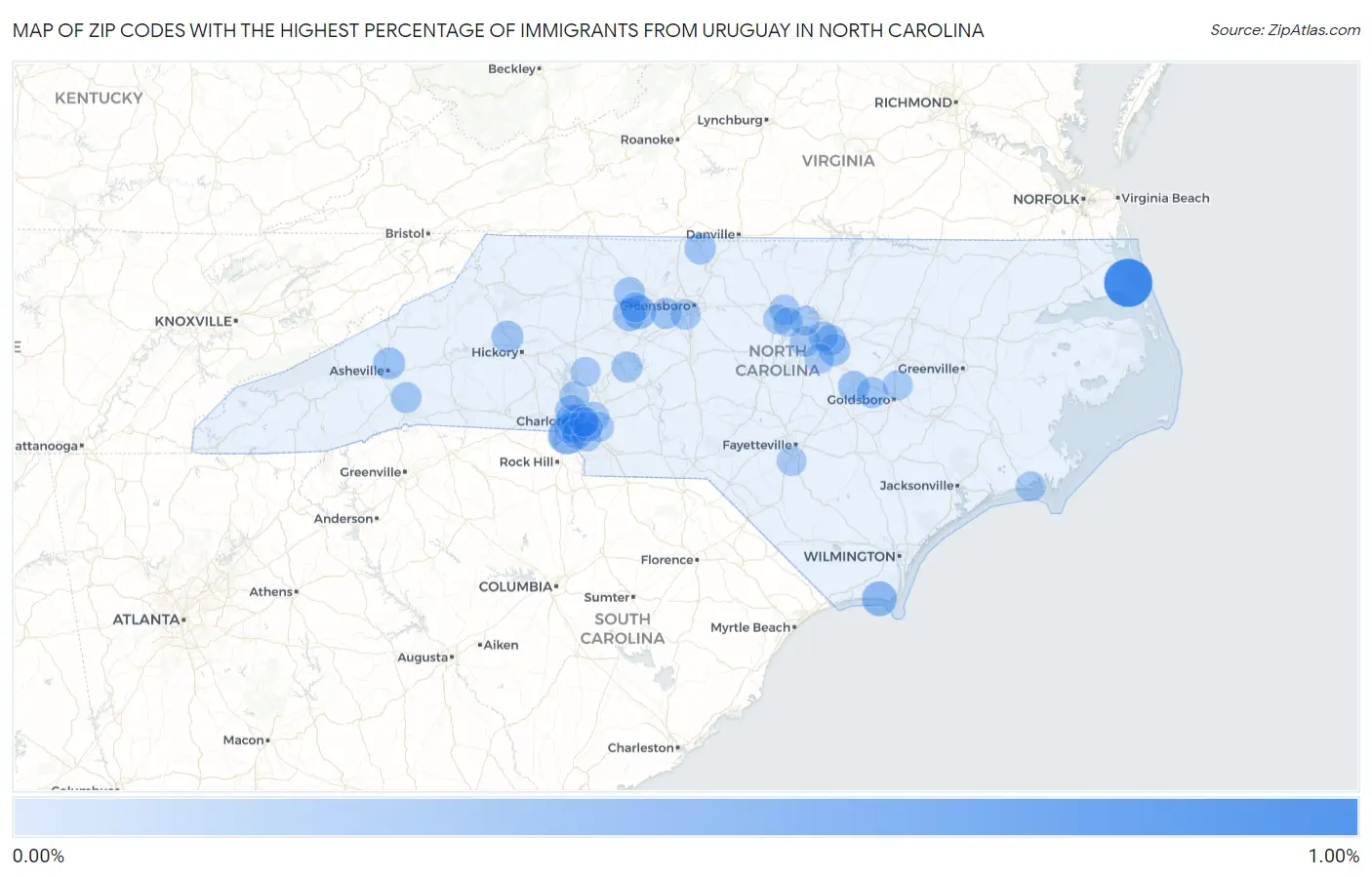 Zip Codes with the Highest Percentage of Immigrants from Uruguay in North Carolina Map
