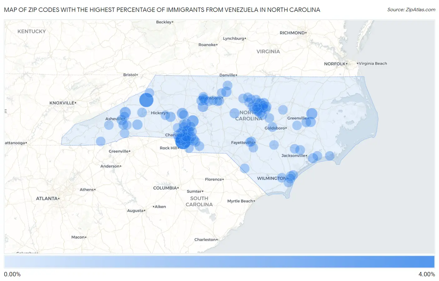 Zip Codes with the Highest Percentage of Immigrants from Venezuela in North Carolina Map