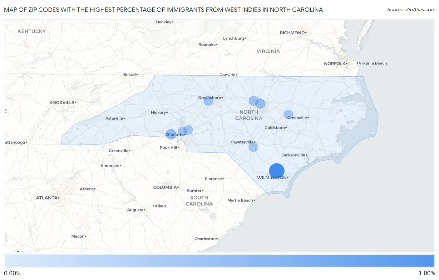 Zip Codes with the Highest Percentage of Immigrants from West Indies in North Carolina Map