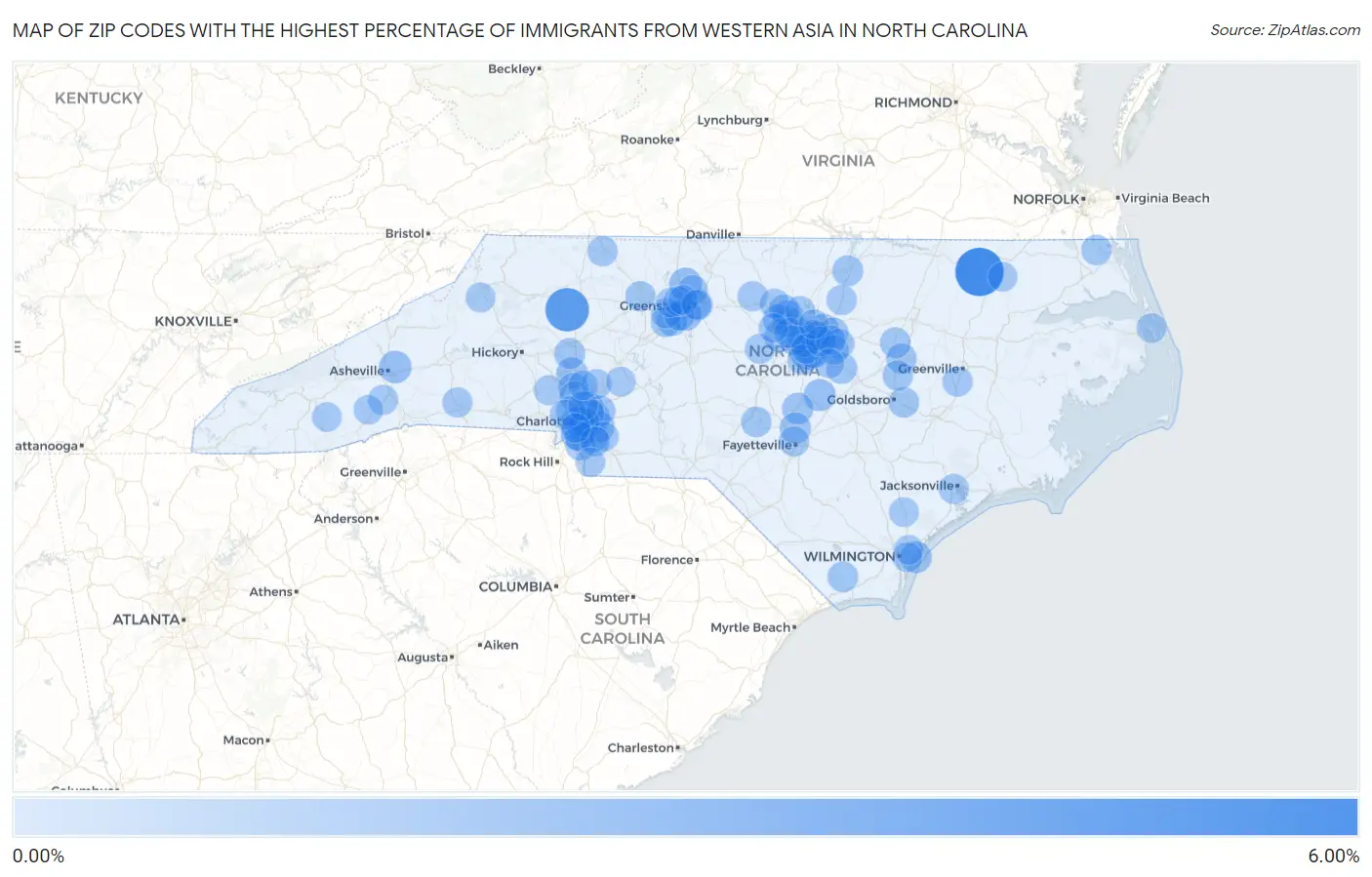 Zip Codes with the Highest Percentage of Immigrants from Western Asia in North Carolina Map