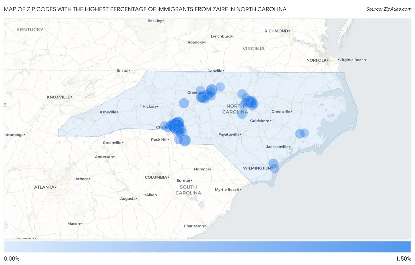 Zip Codes with the Highest Percentage of Immigrants from Zaire in North Carolina Map