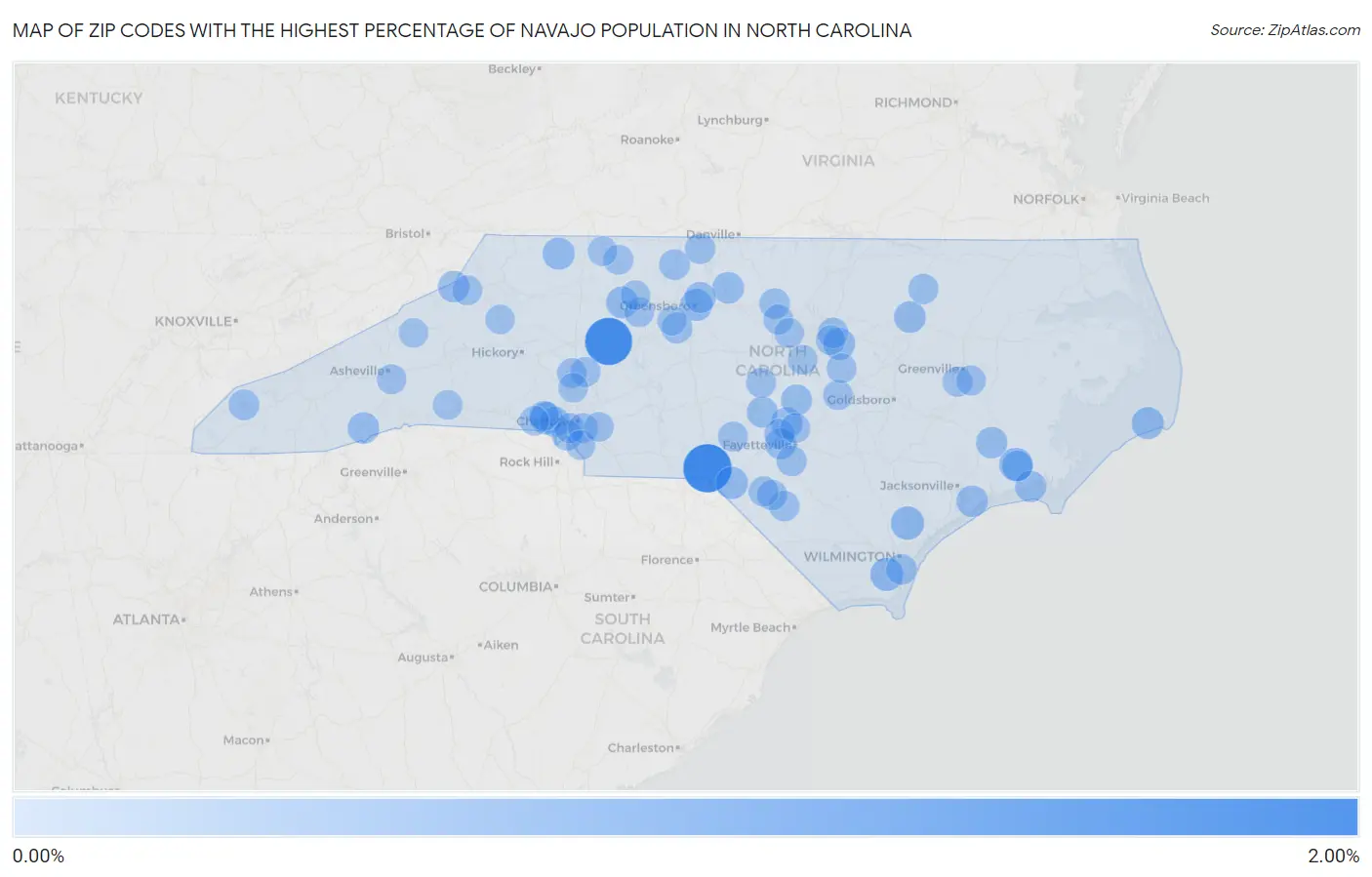 Zip Codes with the Highest Percentage of Navajo Population in North Carolina Map