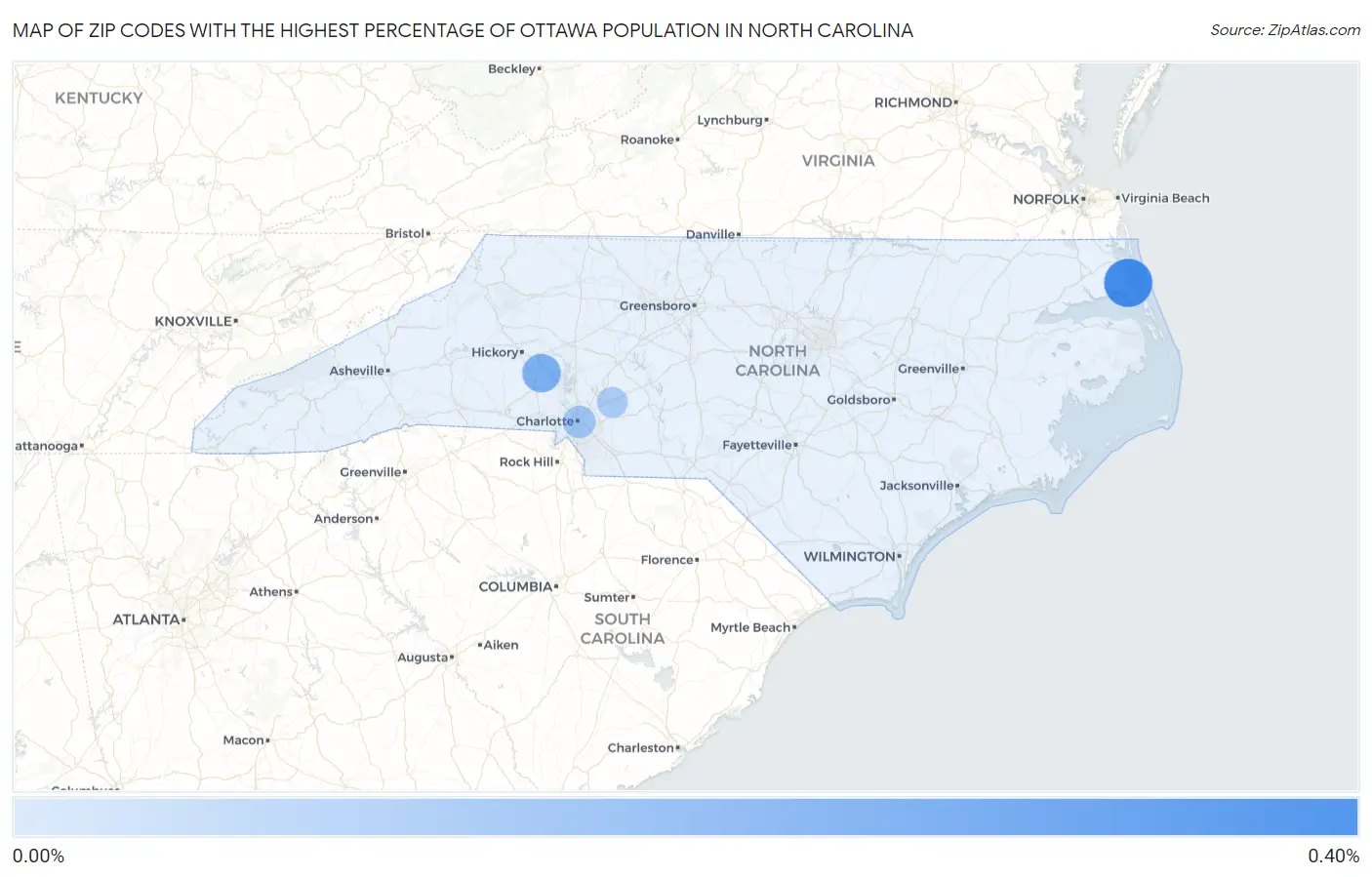 Zip Codes with the Highest Percentage of Ottawa Population in North Carolina Map
