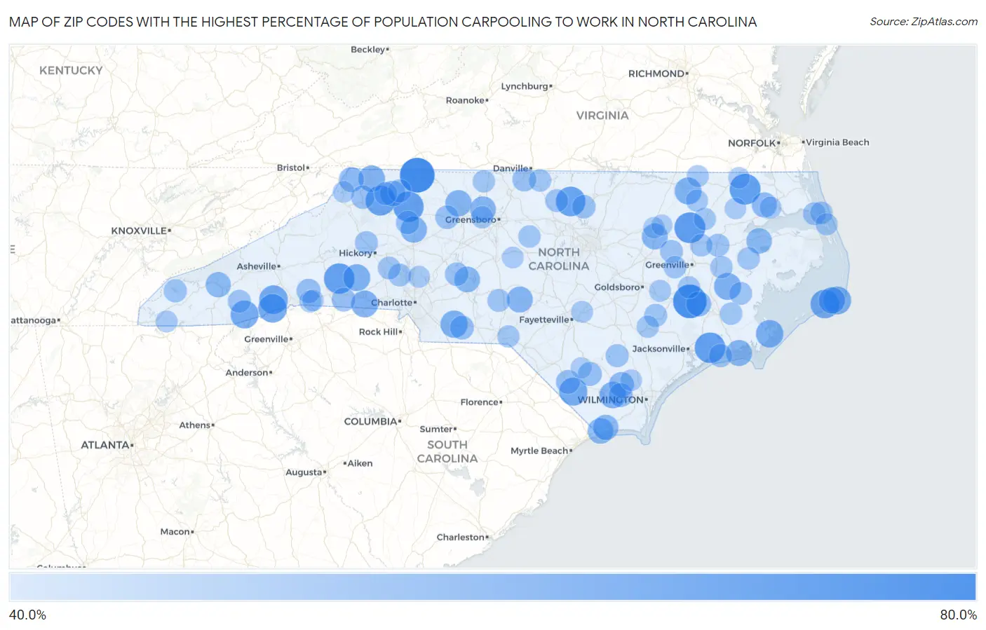 Zip Codes with the Highest Percentage of Population Carpooling to Work in North Carolina Map