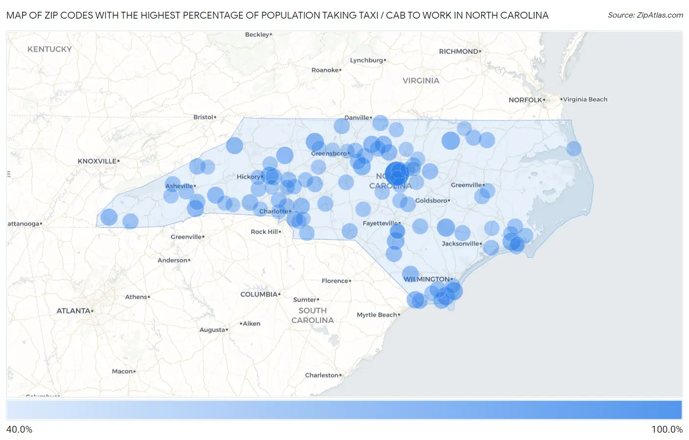 Zip Codes with the Highest Percentage of Population Taking Taxi / Cab to Work in North Carolina Map