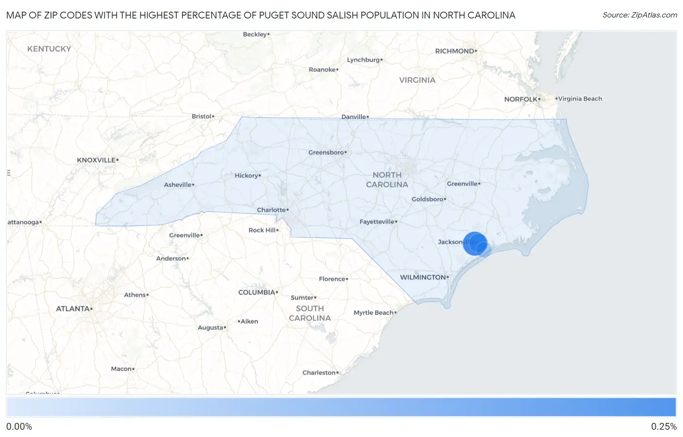 Zip Codes with the Highest Percentage of Puget Sound Salish Population in North Carolina Map