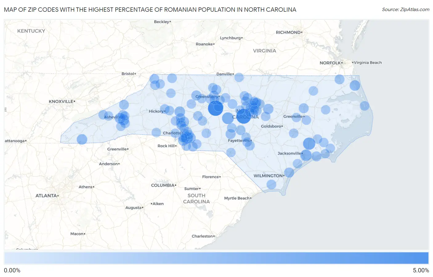 Zip Codes with the Highest Percentage of Romanian Population in North Carolina Map