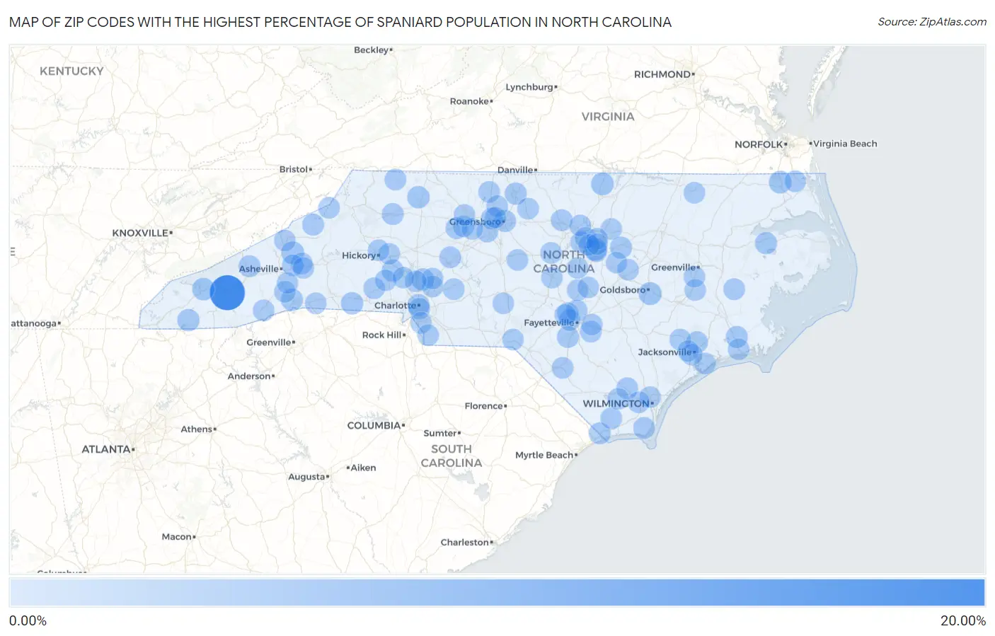 Zip Codes with the Highest Percentage of Spaniard Population in North Carolina Map