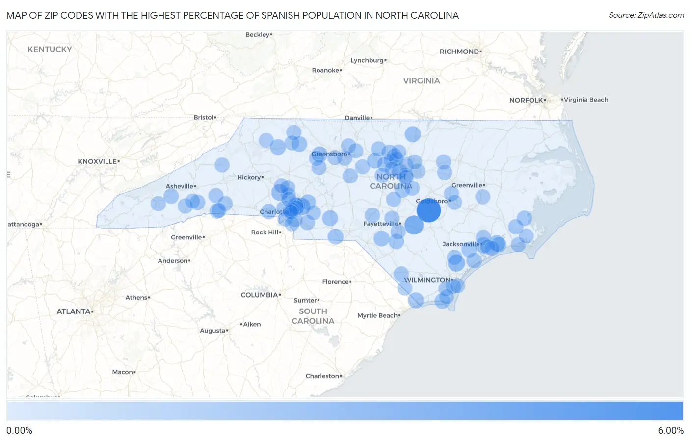Zip Codes with the Highest Percentage of Spanish Population in North Carolina Map