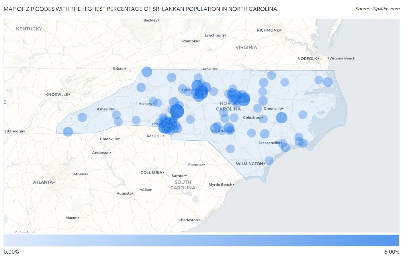 Zip Codes with the Highest Percentage of Sri Lankan Population in North Carolina Map