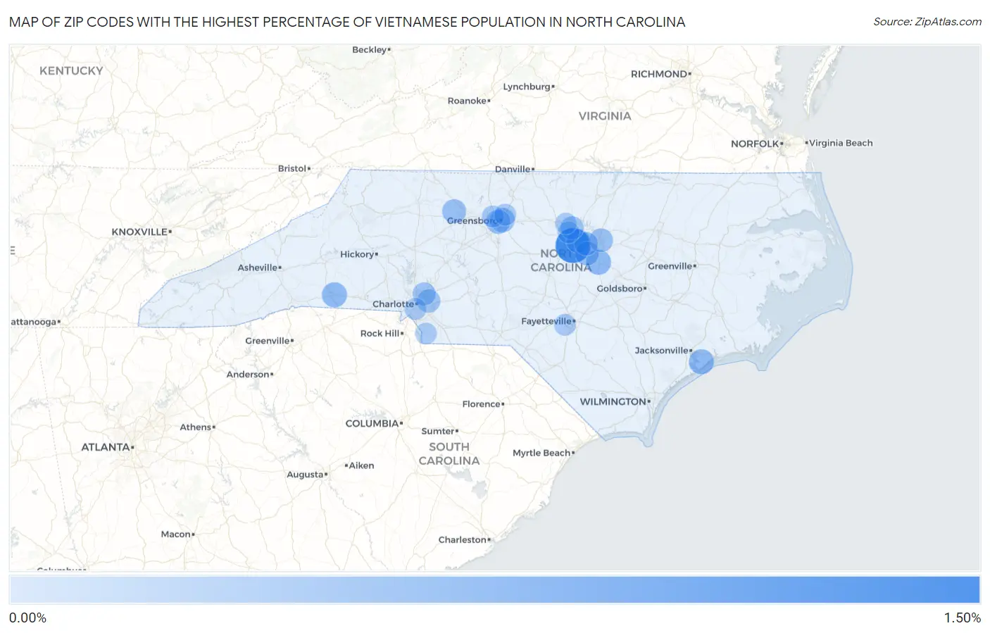 Zip Codes with the Highest Percentage of Vietnamese Population in North Carolina Map
