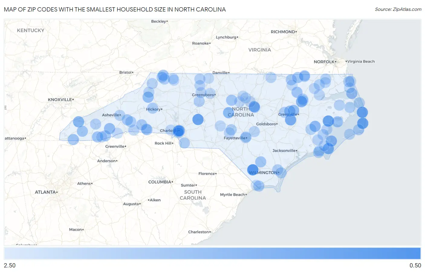 Zip Codes with the Smallest Household Size in North Carolina Map